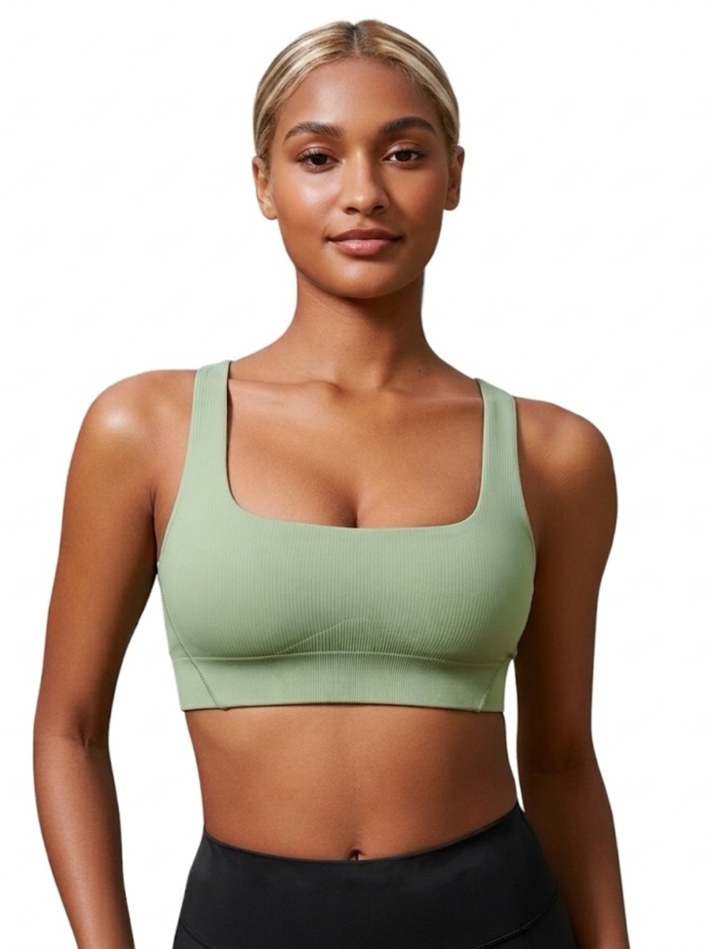 Green Ribbed Sports Bra Stretch Workout Top Size XS
